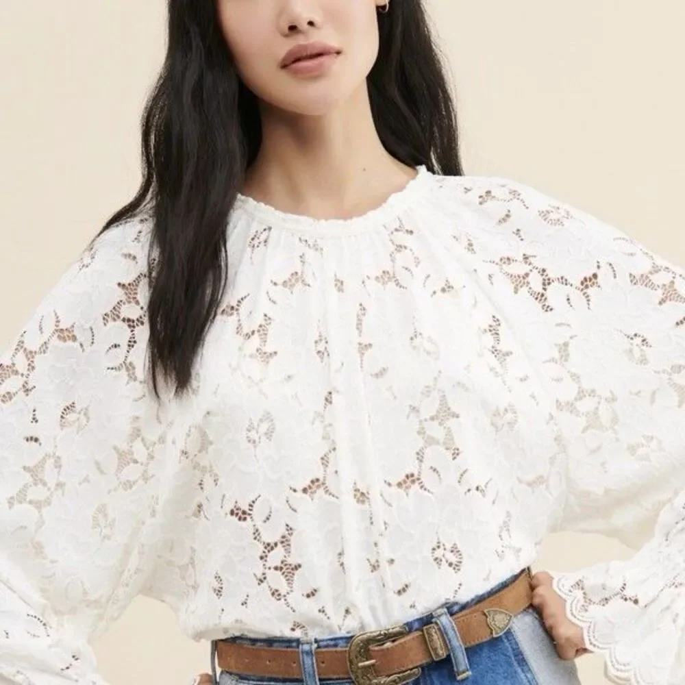 Free People White Lace Ruffle Sleeve Round Neck Women's Blouse Size S